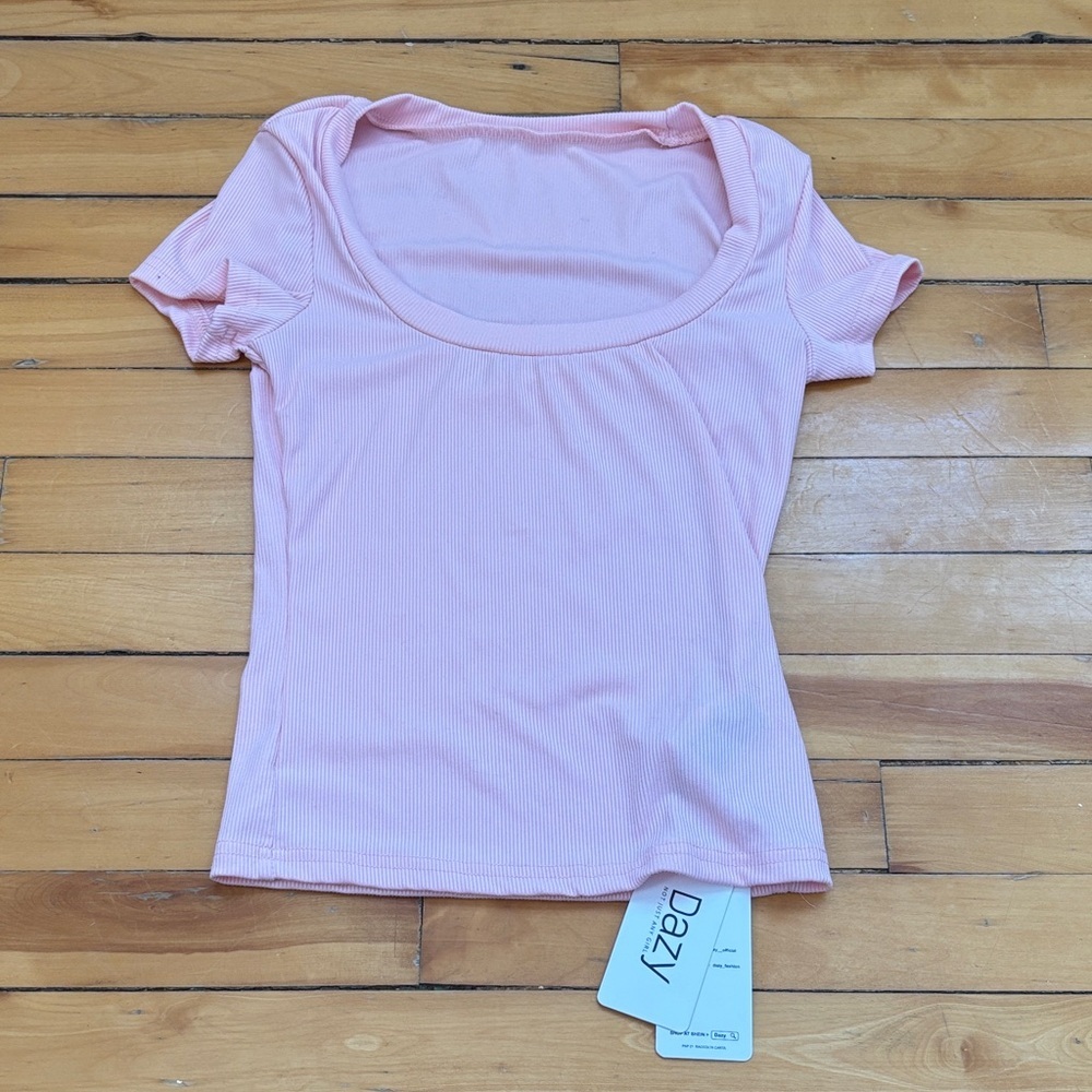 Dazy Light Pink Ribbed Short Sleeve Top